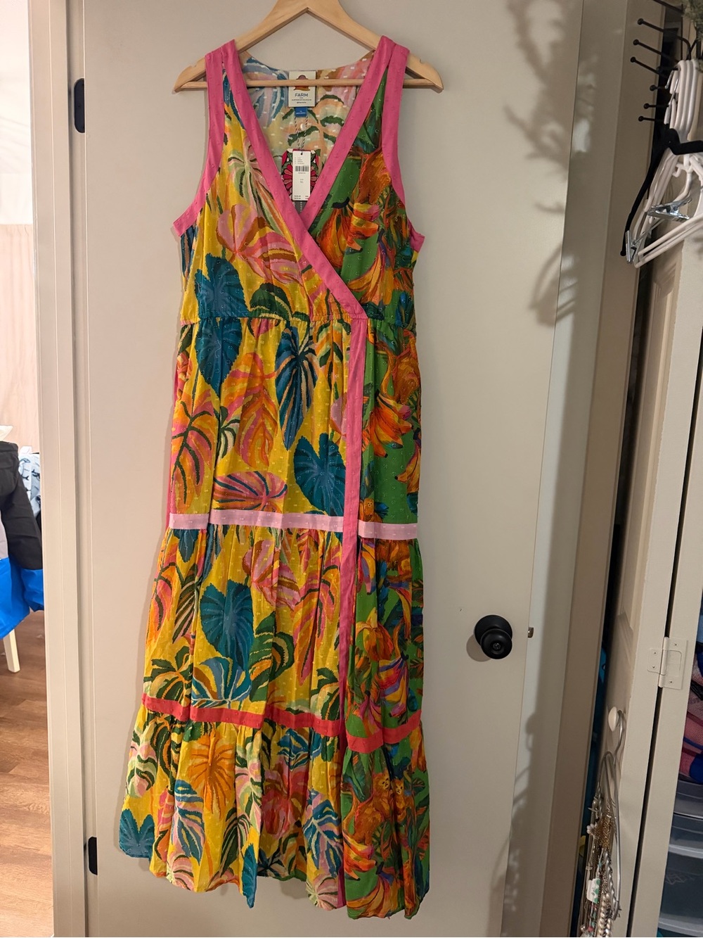 Anthropologie Tropical Wrap Maxi Dress in Yellow and Pink